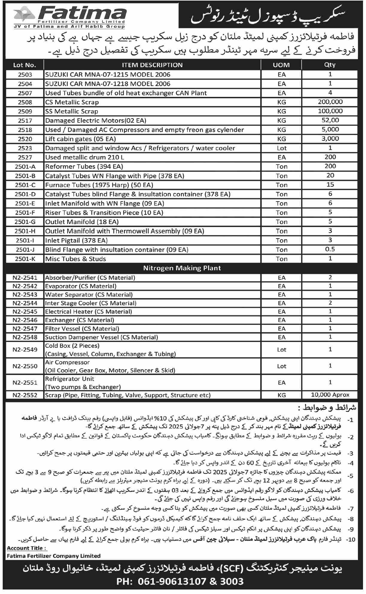 Fatima Fertilizer Company Limited Multan Tender Notice-1